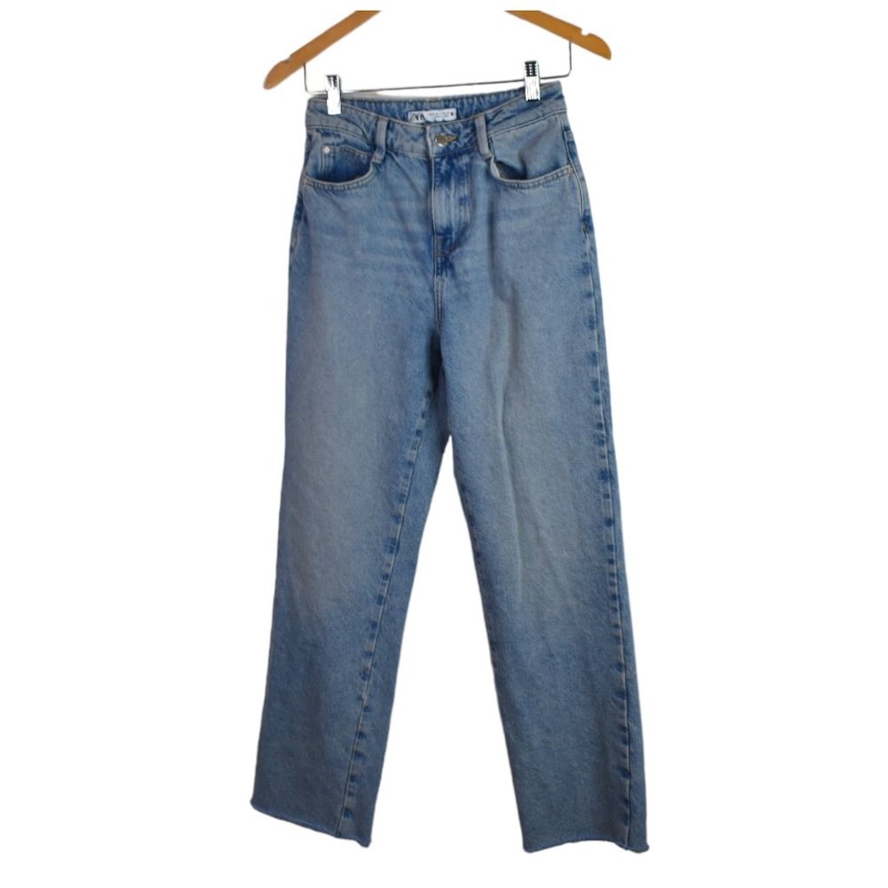 Zara Jeans 4 Womens Straight Leg Denim Y2K Cotton Raw Hem High Rise Ankle